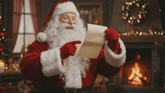 벽난로 옆에서 편지를 읽는 산타