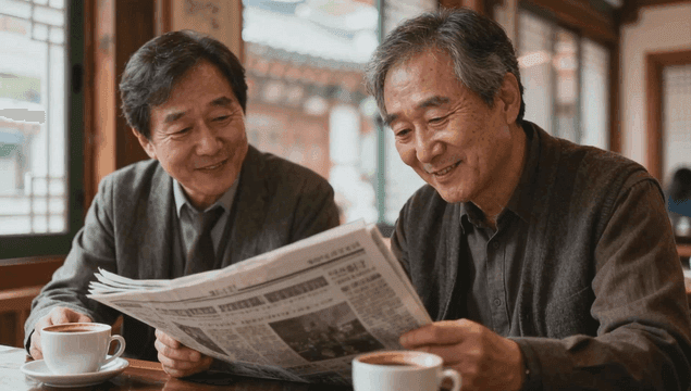 Two elderly men reading a newspaper in a cafe