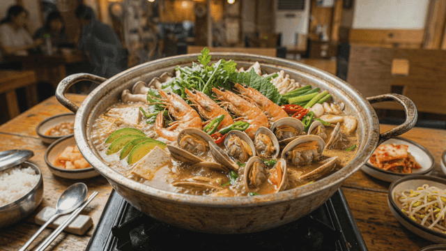 Steaming seafood stew on table