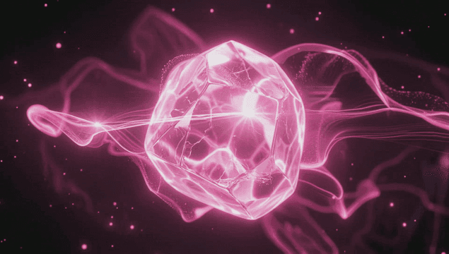 Glowing pink crystal with energy waves