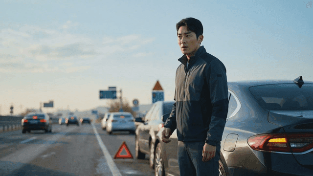 Man standing next to car on shoulder of highway