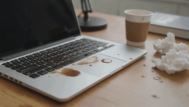 노트북과 책상에 쏟아진 커피