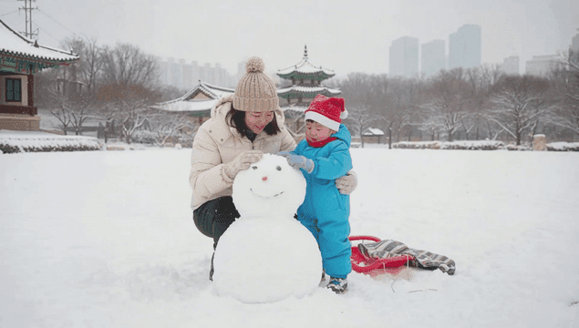 한옥 앞 마당에서 눈사람을 만드는 엄마와 아이