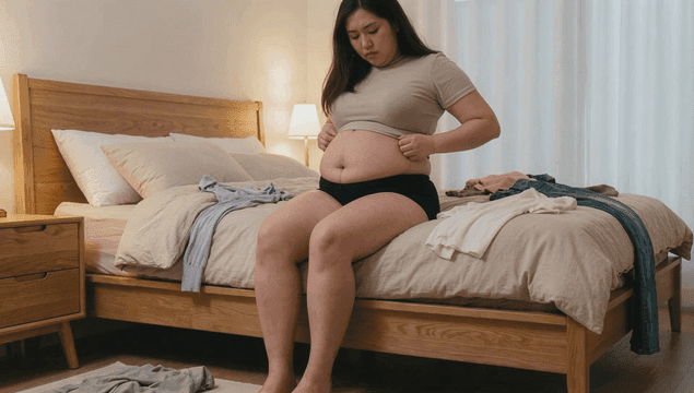 Fat woman examining her body in bedroom