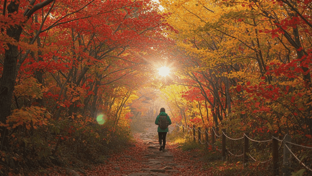 가을 숲길을 걷는 사람