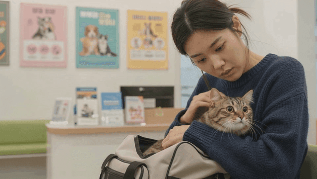 Holding cat at veterinary clinic
