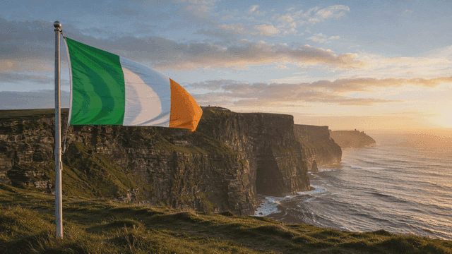Irish flag waving by the cliffs at sunset