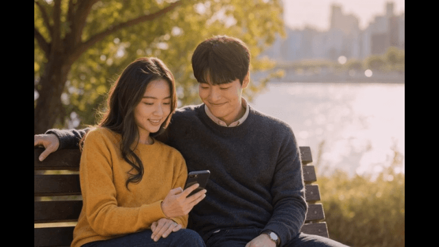 Couple smiling in sunshine while looking at their smartphones by river