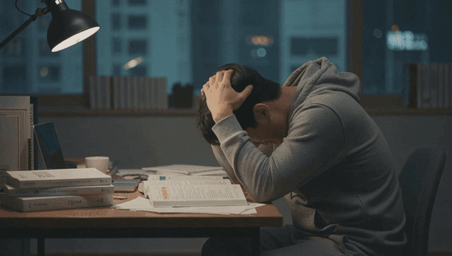 밤늦게 방에서 공부하는 남자