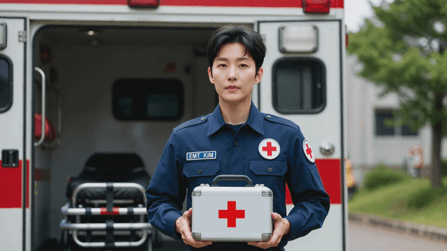 구급차 앞에서 의료 키트를 들고 있는 구급대원