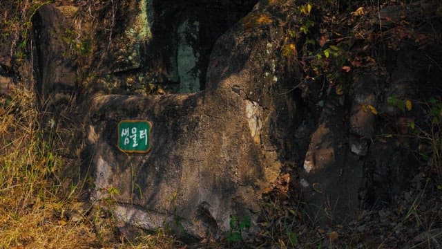 바위로 만들어진 오래된 샘물터의 초록색 이름표
