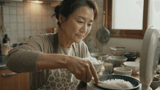 Middle-aged woman serving rice