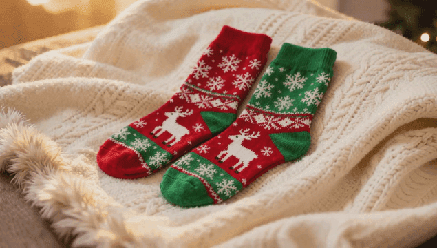 따뜻한 니트 담요 위의 축제 양말