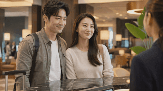 Couple checking in at a hotel reception