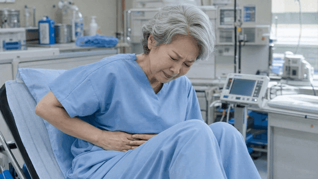 Elderly woman in pain in a hospital bed
