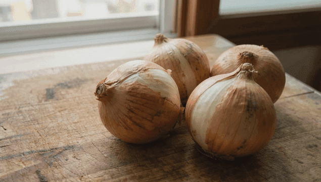 나무 도마 위의 네 개의 양파