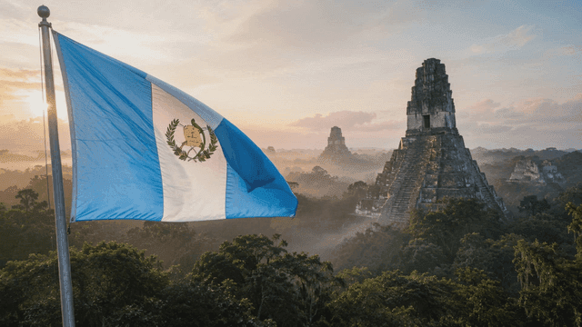 Guatemalan flag with ancient ruins