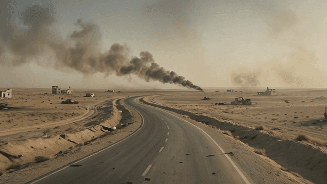Deserted road with smoke in the distance