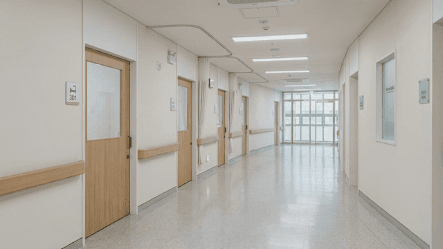 Empty hospital corridor with closed doors