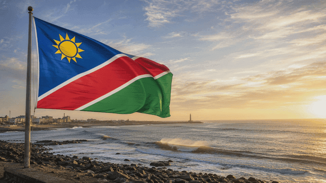 Namibian flag fluttering on seashore at sunset