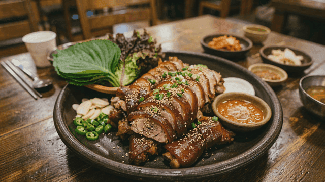 Plate with pig's trotters, lettuce, and perilla leaves