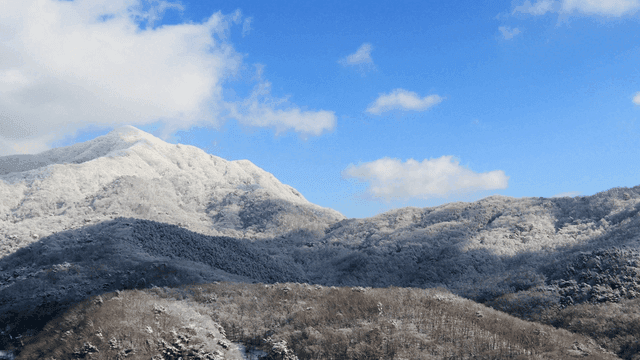 Snow-covered mountains under a clear sky
