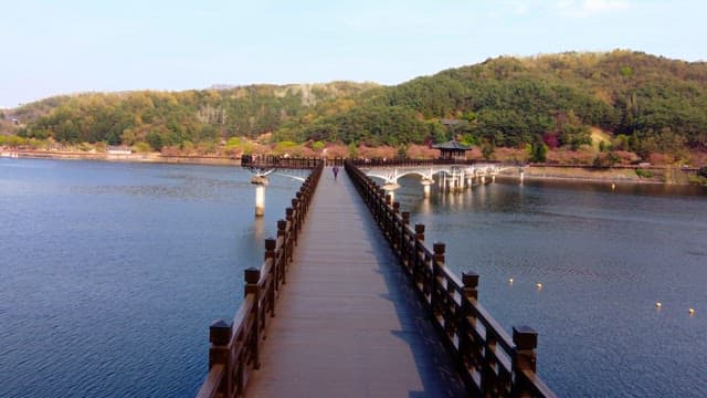 고요한 강 위의 경치 좋은 다리