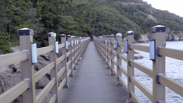 Long bridge over the ocean with trees