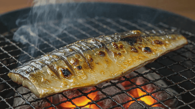 바비큐 그릴 위의 구운 고등어