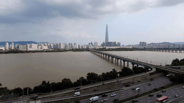 City skyline with rivers and bridges
