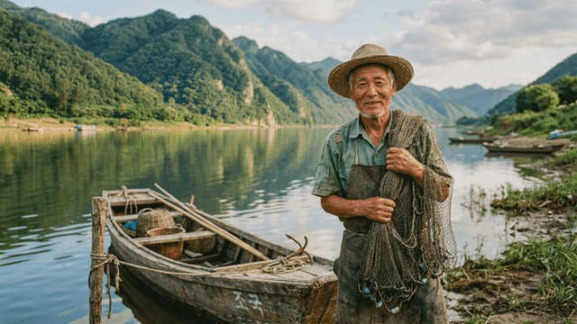Old fisherman and boat by quiet river