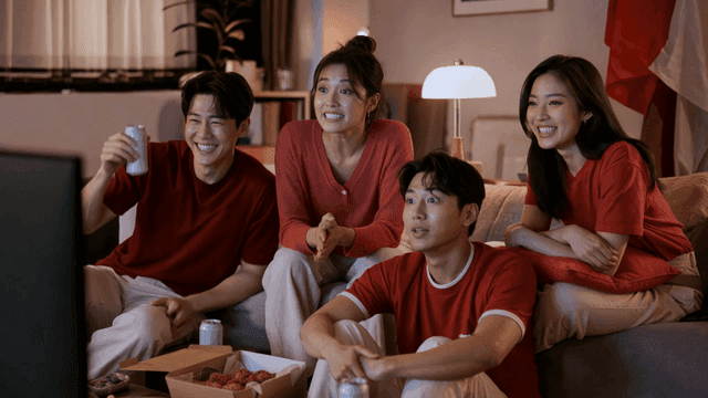 Friends watching soccer with chicken and beer at home