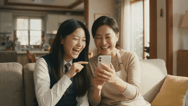 Mother and daughter laughing while looking at their cell phones