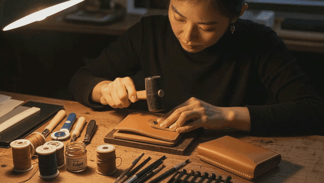 가죽 지갑을 만드는 여성 공예가
