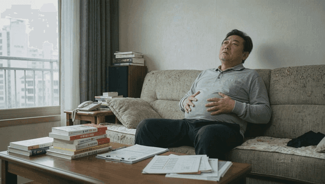 Fat middle-aged man sitting on sofa holding his stomach