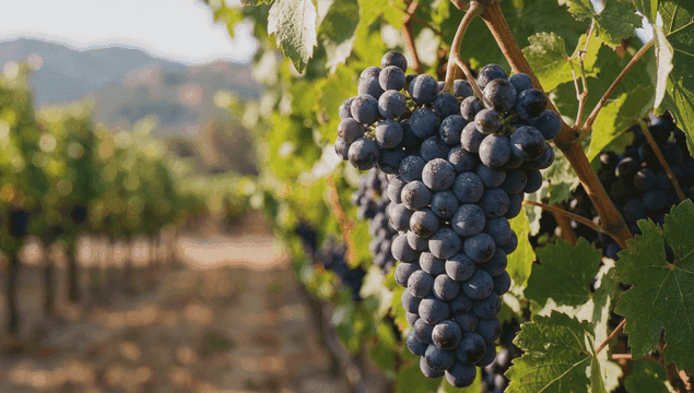 Grapes hanging on a vine in a vineyard