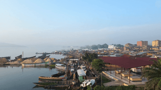 Bustling riverside town in the morning