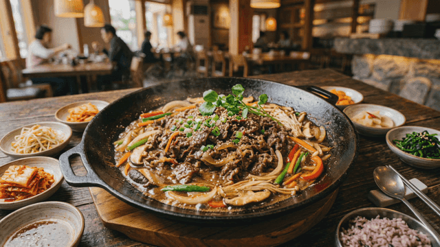 Sizzling beef bulgogi in hot pan