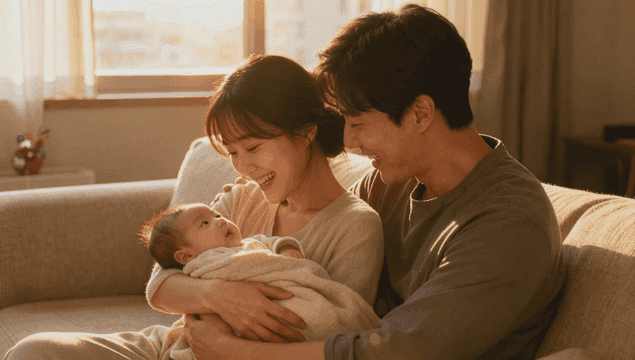 볕이 들어오는 거실 소파에서 신생아를 안고 있는 부부