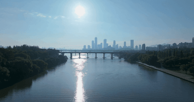 River flowing through city with high-rise buildings
