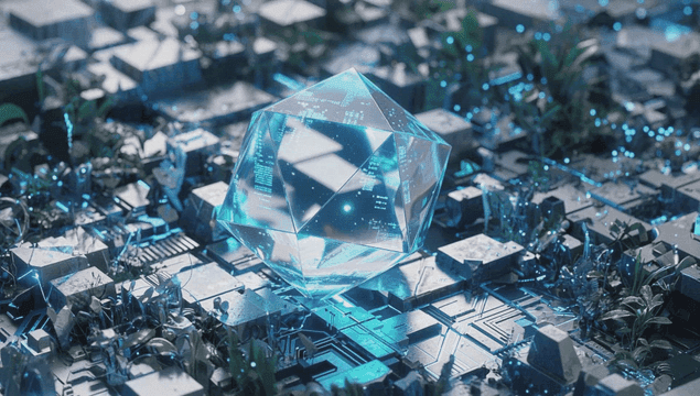 회로 기판 위의 빛나는 기하학적 결정체