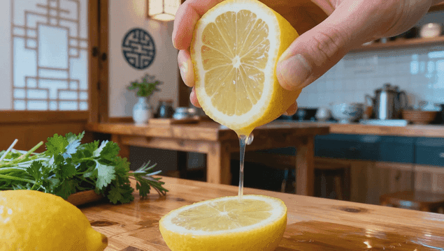 아늑한 주방에서 레몬을 짜는 모습