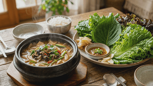 Table set with fresh vegetables and fresh snail soybean paste stew