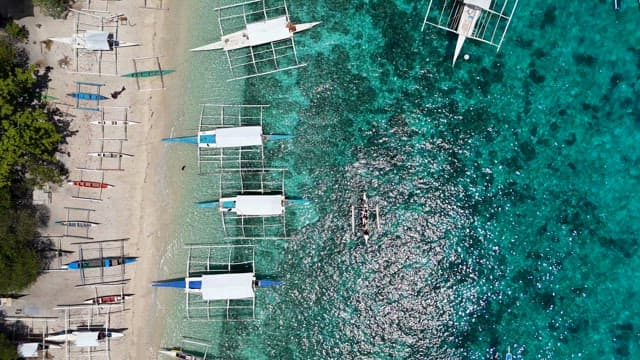 Boats lined up along a clear beach