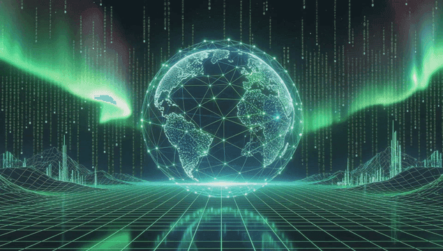 녹색 매트릭스 코드와 디지털 지구본