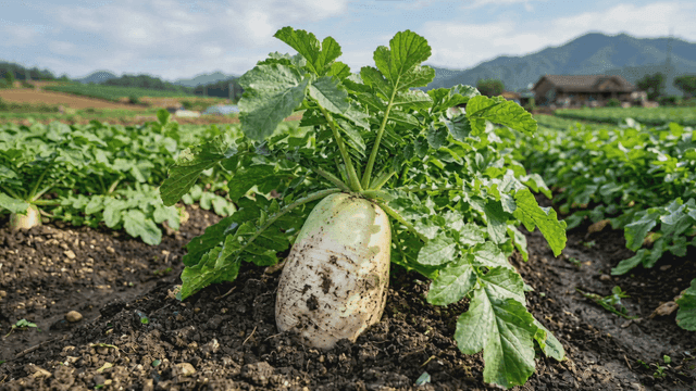 Radishes growing in green field
