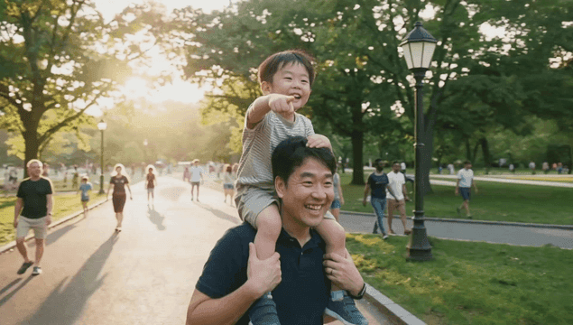 Father and son enjoying stroll on piggyback