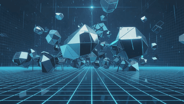 Floating geometric shapes in a digital grid