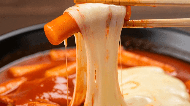 Chopsticks lifting cheese tteokbokki with melted cheese