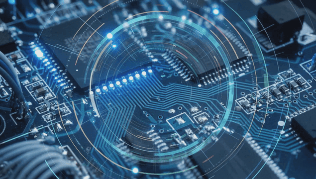 빛나는 조명과 회로 기판의 근접 촬영